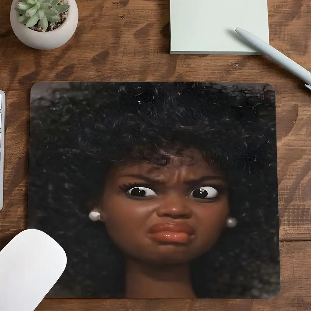 Funny Pouting Black Curly Hair Doll with Pearl Earrings Meme Square Gaming Mouse Pad, Computer Mouse Pad, Gaming Accessory, Non-Slip Smooth Surface Mousepad for PC, Laptop, Small Size Ideal for Laptop, Gift for Meme & Friends