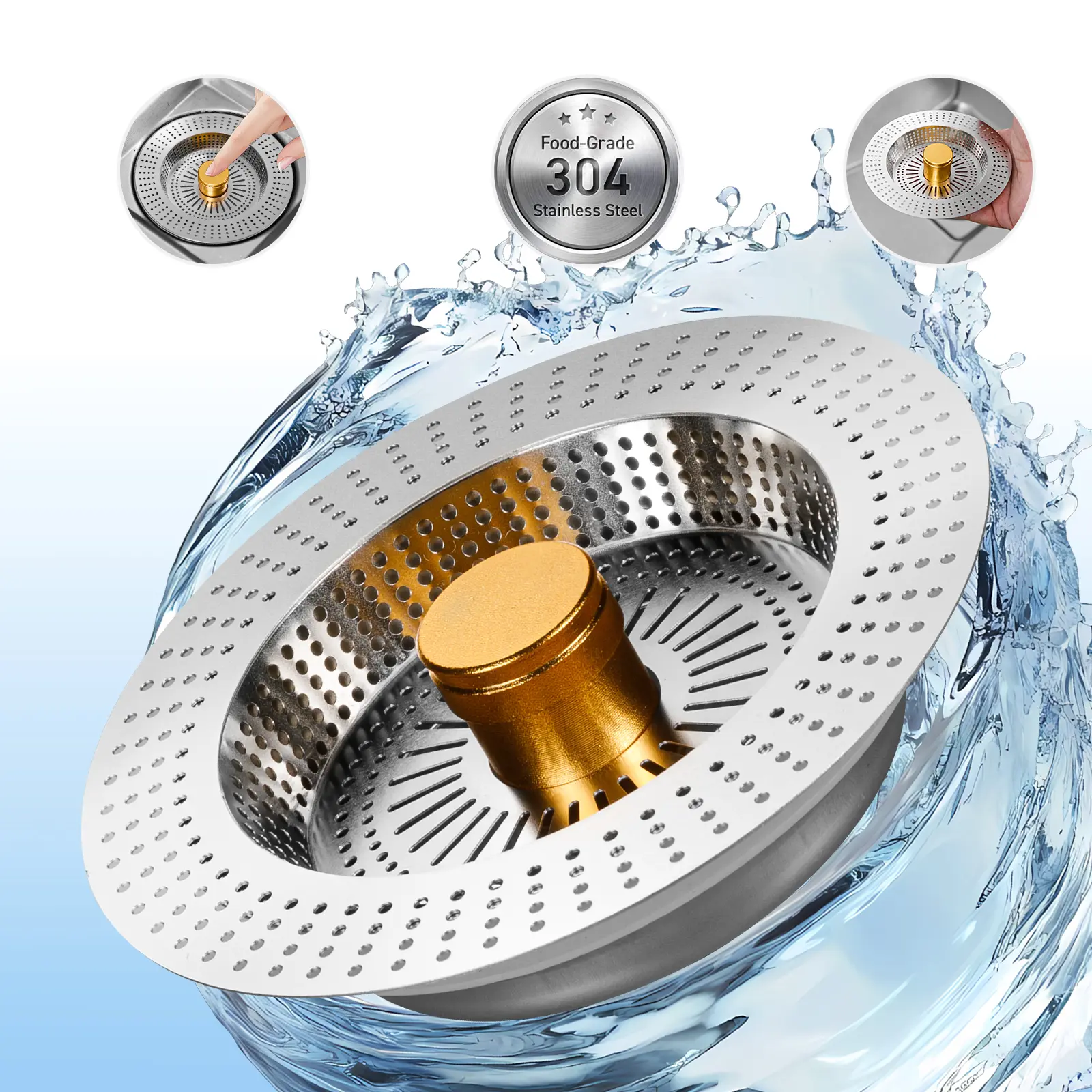 Sink Drain Strainer - 3 in 1 Kitchen Sink Stopper, Stainless Steel Kitchen Drain Plug & Cover with Anti-Clogging Basket Strainer, Fit US Standard 3-1/2'' Sink Drain Hole, Brushed