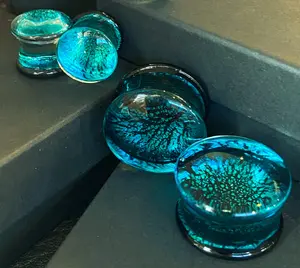 PAIR of Beautiful Aqua & Black Fracture Design Glass Double Flare Plugs - Gauges 2g (6mm) through 3/4" (19mm)