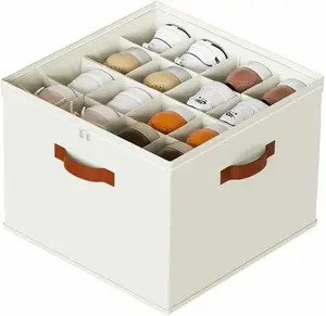 Shoe Storage Box Organizer with Adjustable Dividers Transparent Cover Handles on 3 Sides Beige 17x17x12.5 Inches for Efficient Storage