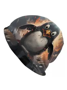 Fashionable Penguin Print Beanie Hat for Men - Biihudu Brand | Knitted Polyester Blend (95% Polyester, 5% Elastane) | No Brim