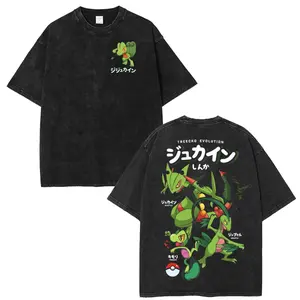 Vintage Treecko Evolution Anime Double Oversized Washed Tee Unisex Anime Lover Cotton Fabric men gifts merch Stylish Clothes Streetwear Relaxed Fit