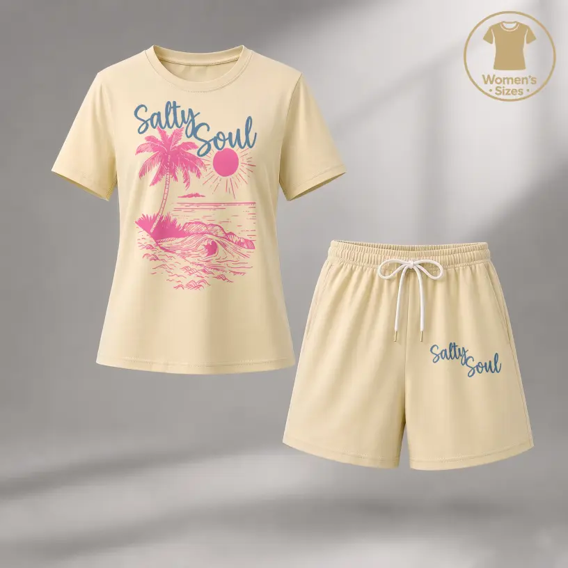 Women’s SALTY SOUL Graphic T-Shirt and Shorts Set, Casual 2-Piece Summer Outfit, Short Sleeve Crew Neck Tee & Drawstring Shorts Matching Lounge Set, Coastal Beach Vacation Activewear for Travel, Resort Wear & Everyday Casual Style