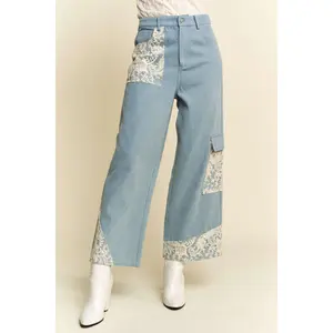 Davi & Dani Lace Applique Wide Leg Jeans tummy control