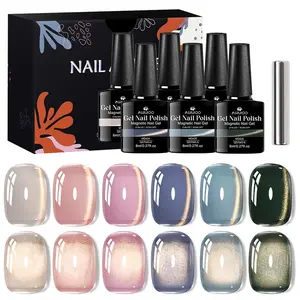 MSRUIOO 6-Color Light Golden Magnetic Gel Nail Polish Set, Enamel Safe Gel, Base Top Coat, Gradient Golden Holographic Glitter Translucent Jelly Cat Eye Gel Polish with Magnetic Stick, Professional Salon Quality Nail Art, Gift for Nail Lovers