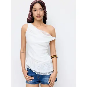 Cider Textured Asymmetrical Ruffled Lace Trim Tank Top SummerWins Dealsforyou