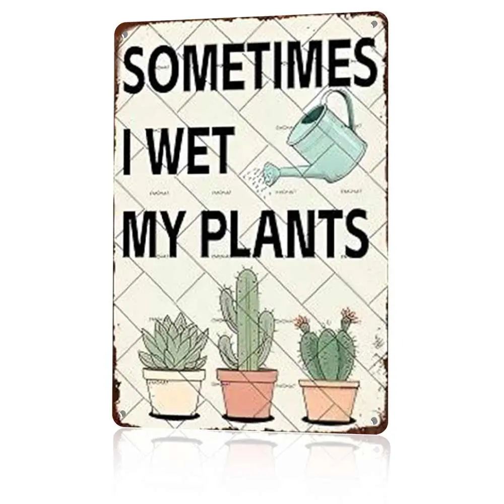 Retro Aluminium Metal Home Sign (12×8 inch) - Playful Vintage "Sometimes I Wet My Plants" Farmhouse Cream Wall Decor, UV-Resistant Cactus Trio Plaque, Indoor/Outdoor Gift for Plant Lovers, Casual