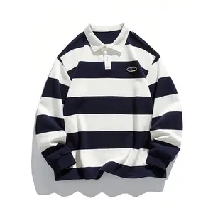 Men's Striped Print Letter Patch Polo Neck Sweatshirt Casual Menswear