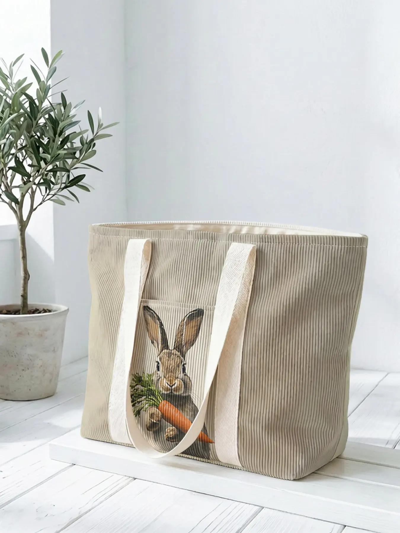1 piece of Easter Bunny with Carrot 2D print tote bag, large capacity space|perfect for commuting/shopping/going to work|carry the gentleness and faith of Easter in your hands, Easter