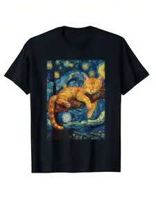 Vangogh Starry Night Cat Print T-Shirt Oversized Cotton Long, Casual Fitted Graphic Top, Comfortable Soft Fabric, Cute Cat Short Sleeve