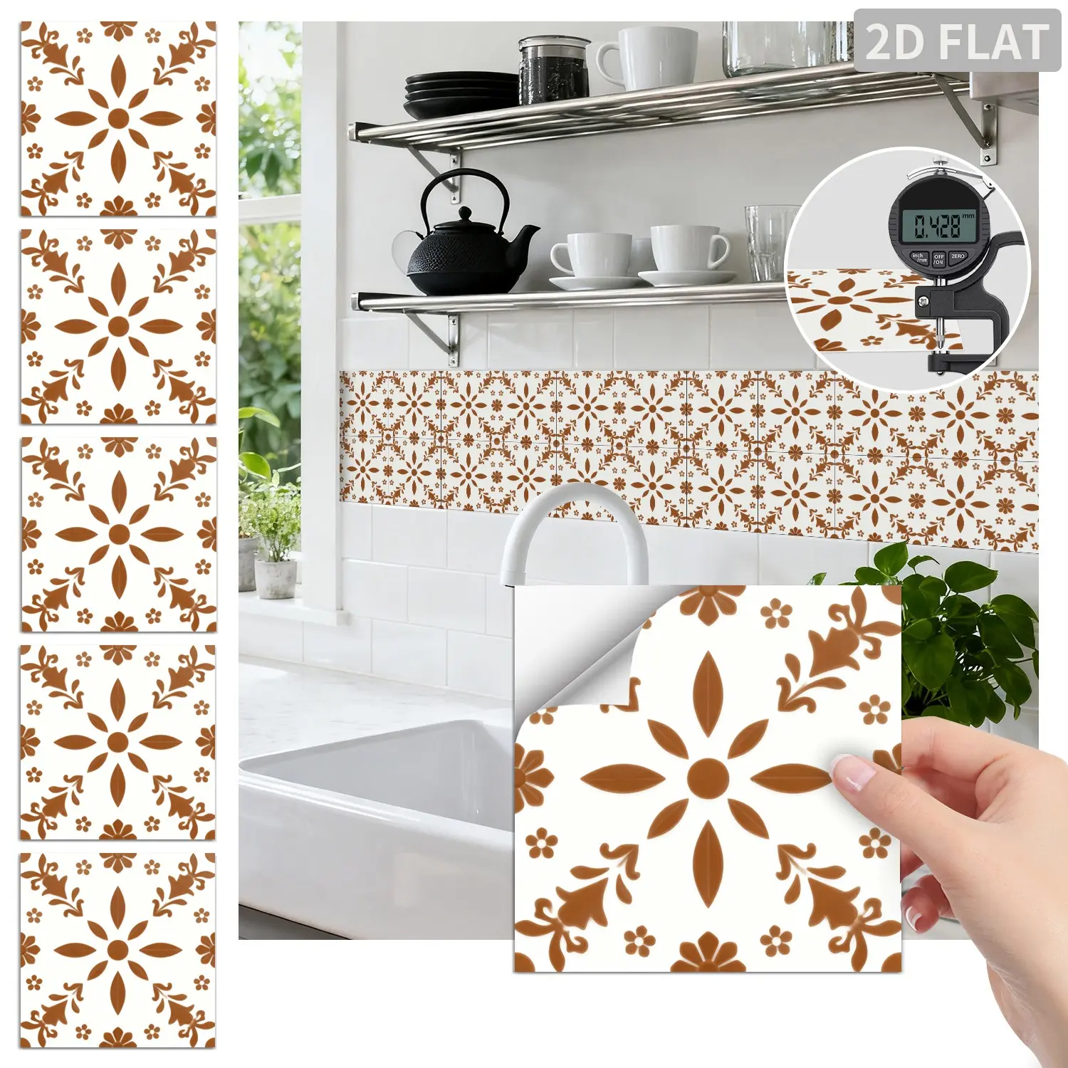 24PCS FHZ White & Caramel Brown Vintage Floral Peel and Stick Tile Stickers, PET Matte Waterproof Oil-Proof Wall Decals for Kitchen Backsplash Bathroom Furniture Stairs