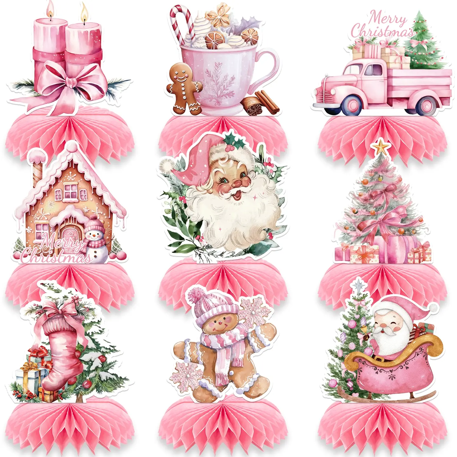 9-Piece Christmas Honeycomb Party Centerpiece Decorations, Cute Santa Snowman Tree Gingerbread House 3D Tabletop Ornaments