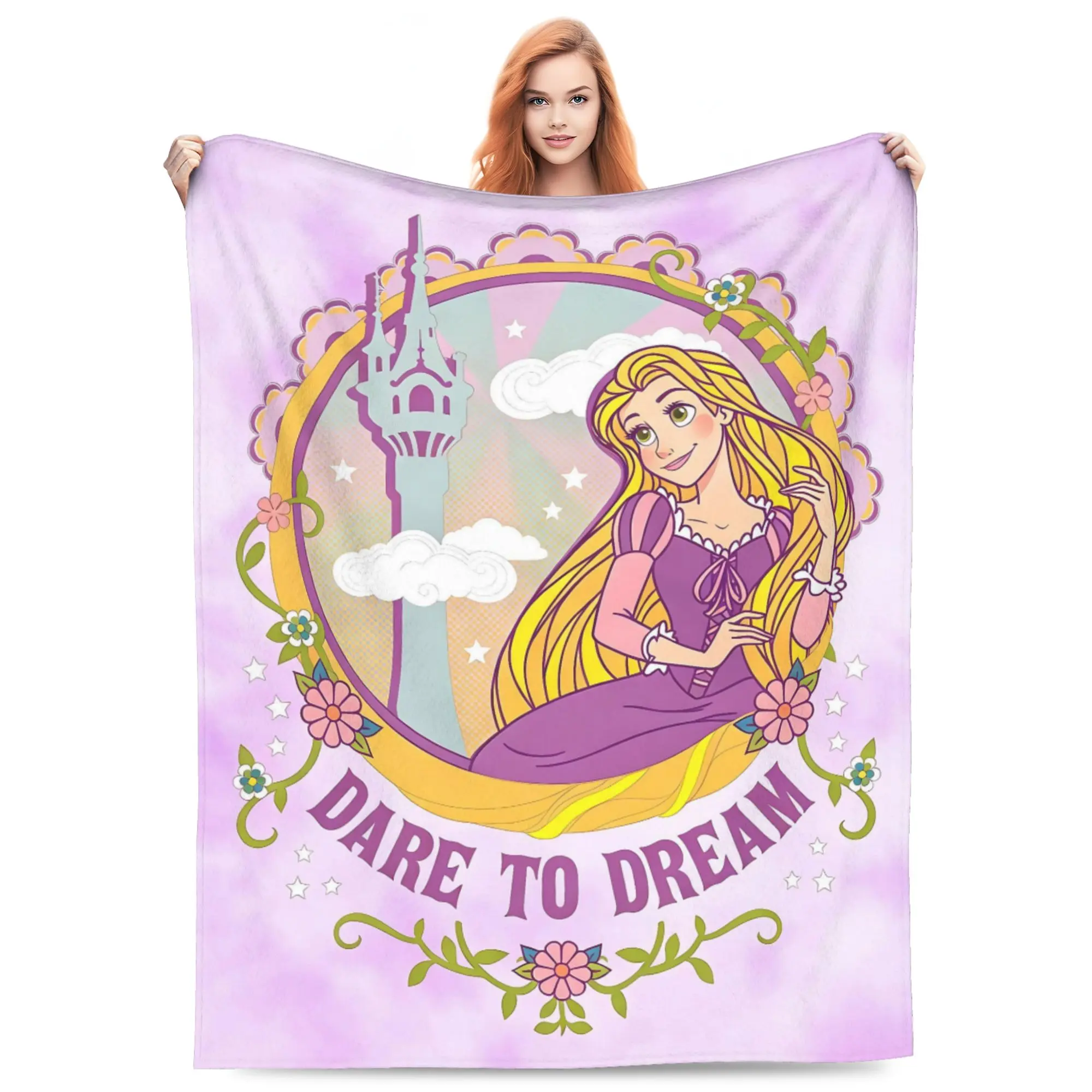 DISNEY CLASSIC Soft Flannel Throw Blanket Tangled Rapunzel Dare To Dream Cartoon Print Lightweight Cozy Fleece Blanket, Purple Pastel Floral Tower Star Cloud Pattern Warm Decor Blanket for Sofa Couch Bed Camping Girls Kids Women Birthday Holiday Gift