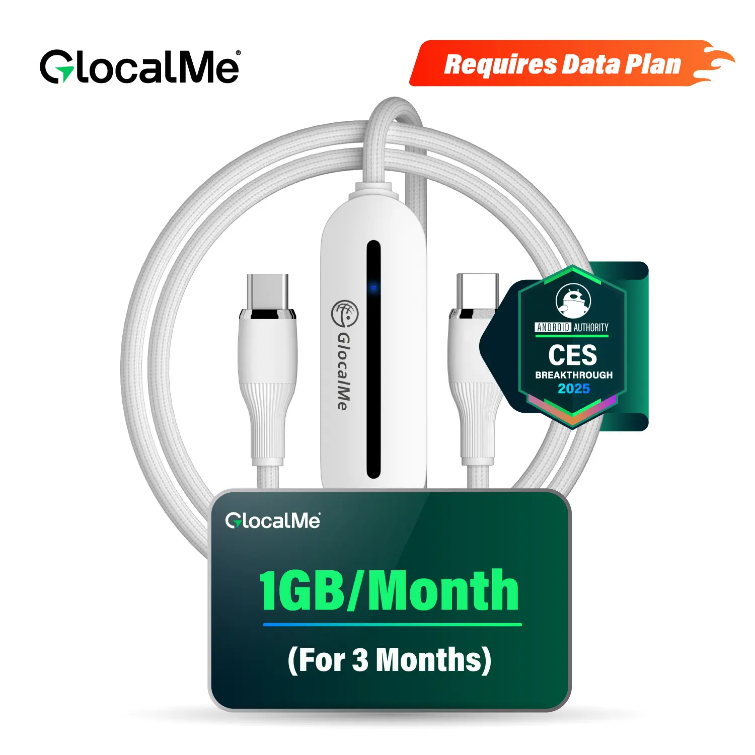 Data Plan Required | Type-C Cable | GlocalMe UniCord 3-in-1 Data Cable & 65W PD Wall Charger with 4G LTE Hotspot – Register to Get 1GB/Month for 3 Months