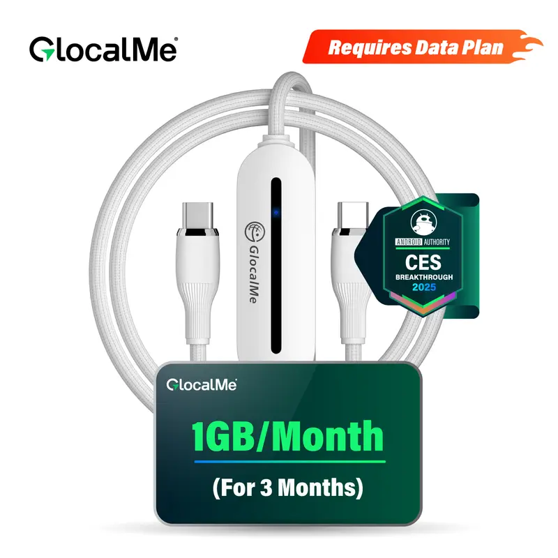 GlocalMe UniCord 3-in-1 USB C Cable & 65W PD Wall Charging Kit - 4G LTE Hotspot, 1GB/Month for 3 Months via Registration, Cellphone & Device Compatibility, USB Fast Charging, GlocalMe App Setup
