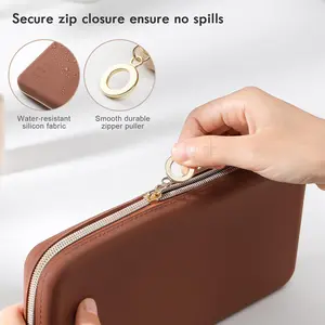 Zipper Makeup Brushes Bag For Travel, Large Silicone Makeup Brush Holder, Make Up Brushes Pouch Case for Makeup Tools - Brown