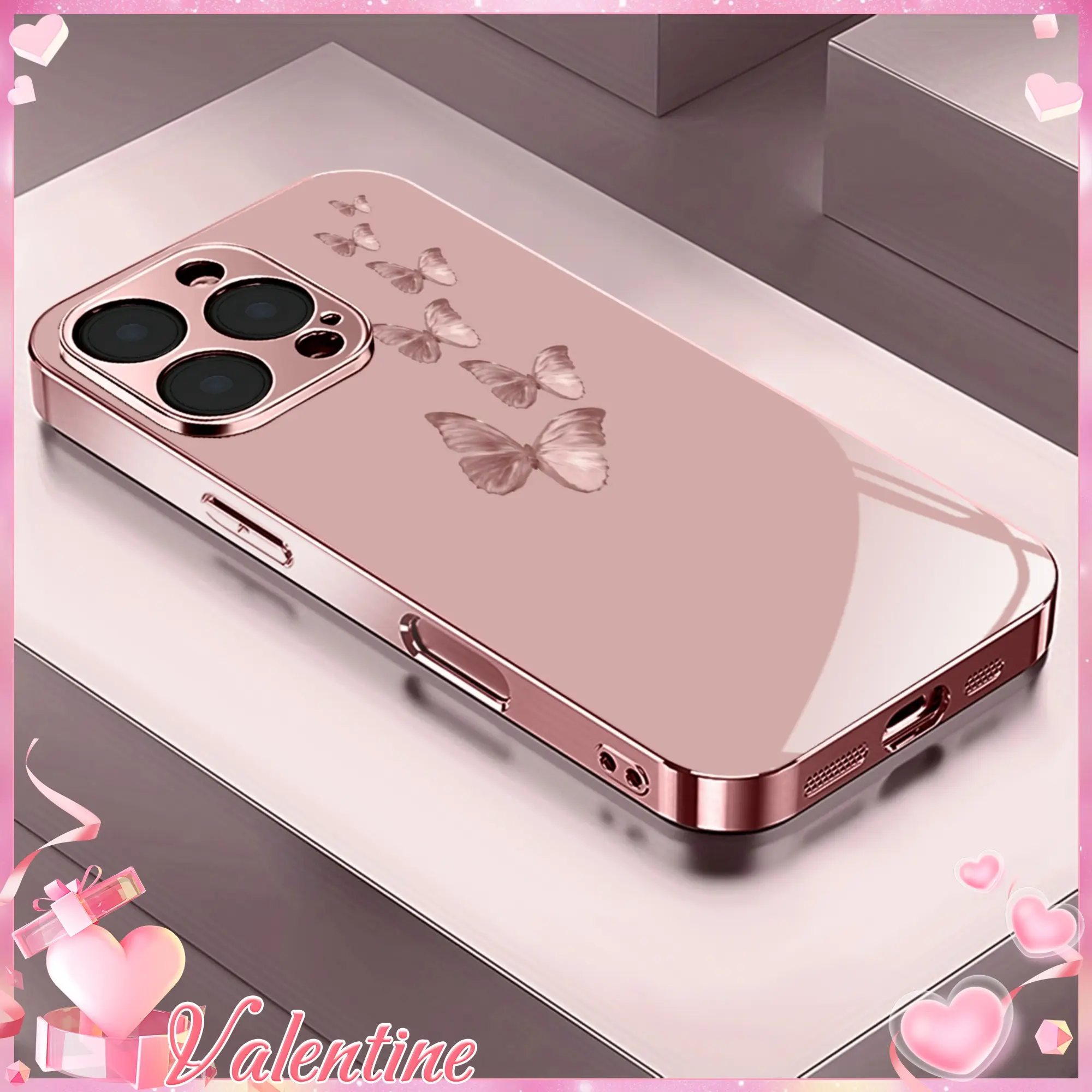 Butterfly Pattern Rose Gold Electroplated Elegant Retro Hyperrealism Full Print Pink Minimalist Glam TPU Smartphone Case - Full Body UV Protection, for iPhone Series (17/16/15/14/13 mini/12/11 Pro Max), Women's Handheld Cellphone Accessory for Christmas