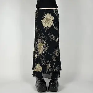Goth Dark Y2K Aestheics Double Layer Mesh A-line Skirt Women Fashion Florals Print Slim Skirts Fairy Streetwear Gothic Bottoms