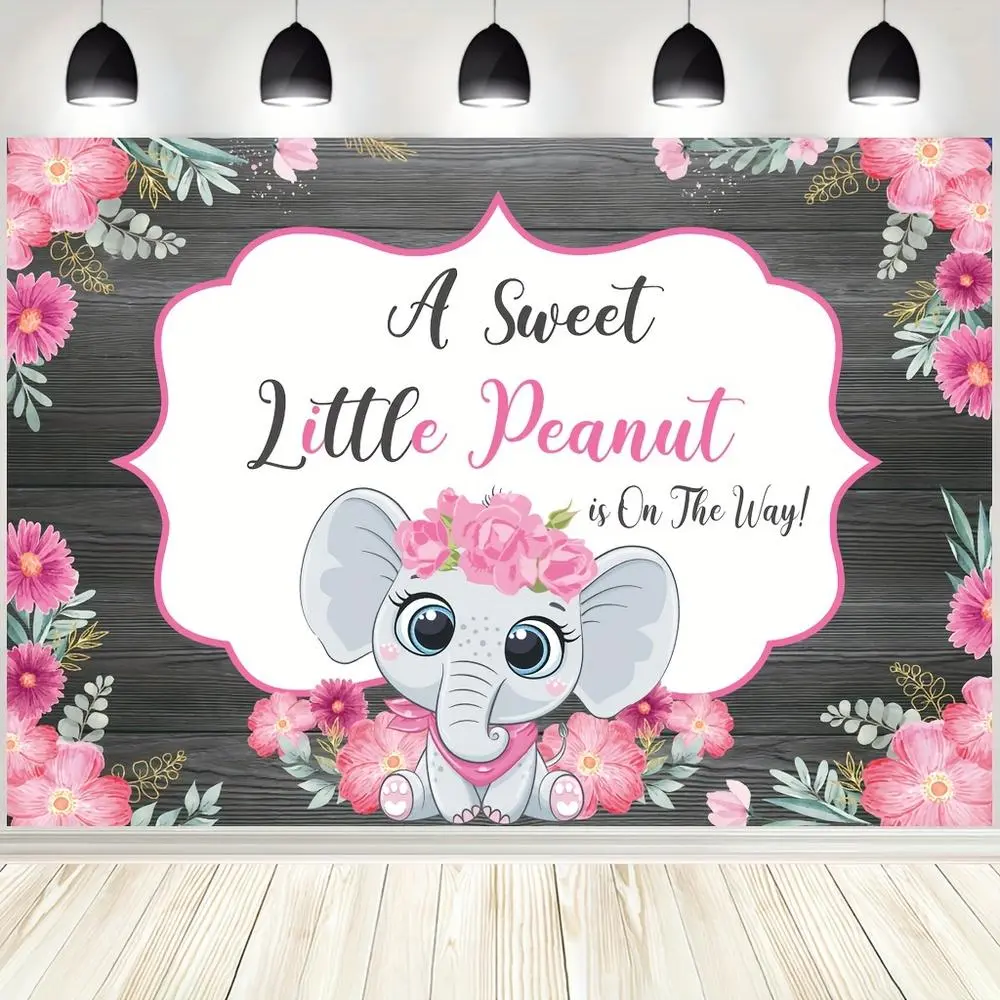 ASOONYUM 1pc Hanging 2D Flat Polyester Baby Shower Backdrop - Durable, Hangable, Soft Texture, Pink Elephant & Floral Design, Non-Electric Gender Reveal Supply, Glam Indoor Decor with White Banners & Flower Ornaments, Hanging Backdrop