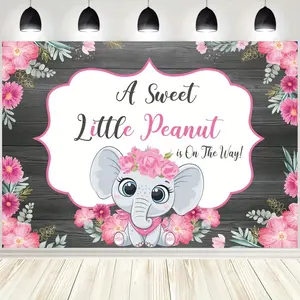 1pc 2D Flat ASOONYUM Polyester Baby Shower Backdrop, Pink Elephant & Floral Design, Universal Holiday Decor, Multipurpose for Room & Garden, Gender Reveal Party Supplies, No Electricity Needed Banners Flower Ornaments White