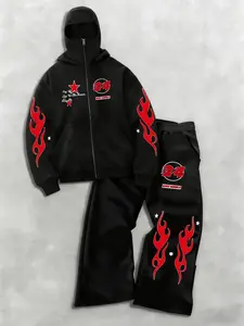 Tiktok Trendy Flame Print Activewear Set, Soft Comfortable Home Wear, Geometric Pattern Street Style for Relax & City Outings