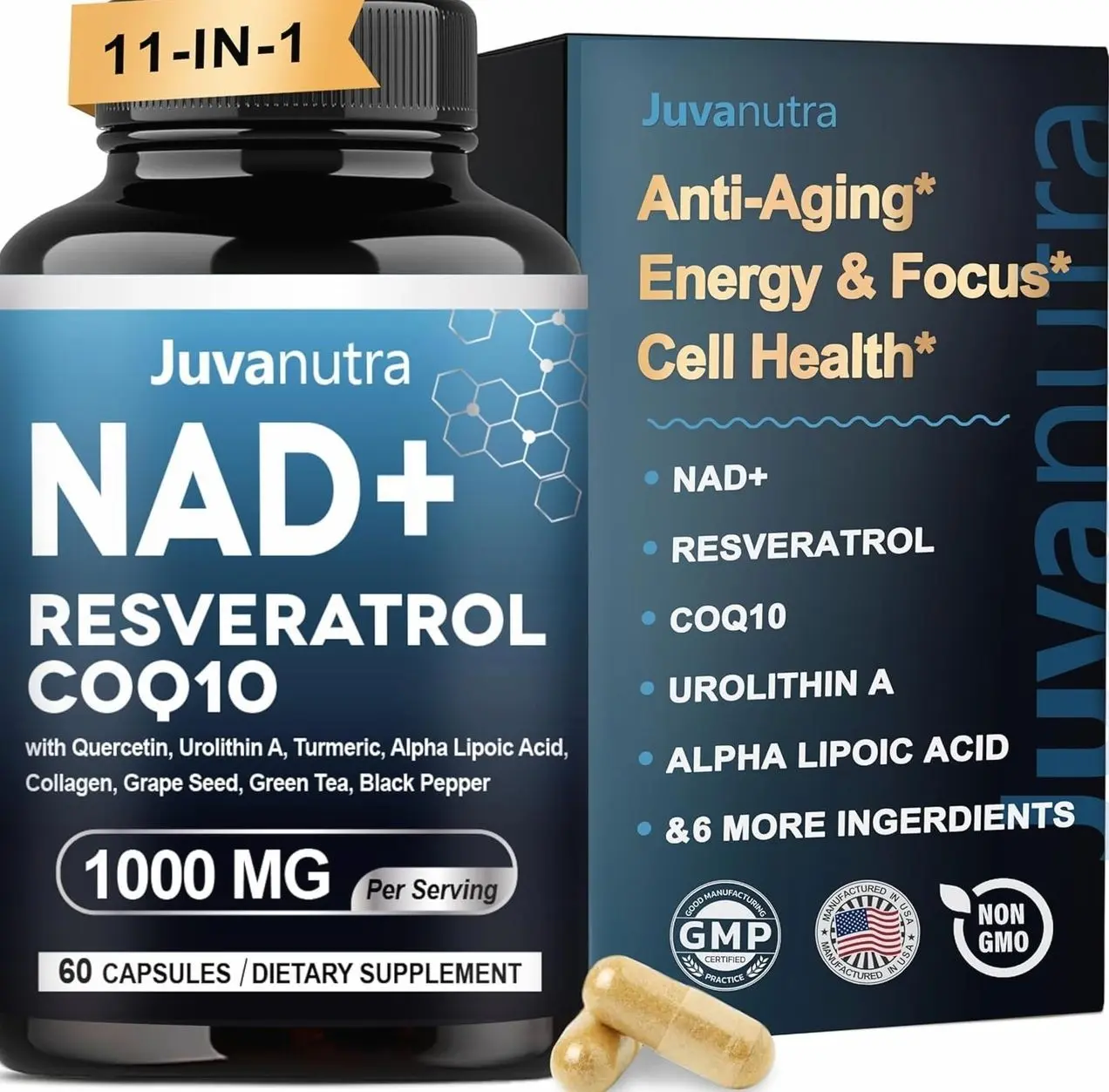 NAD Supplement 11-in-1 Extra Strength – Liposomal NAD with Resveratrol, CoQ10, Urolithin A, ALA & Turmeric – Supports Anti-Aging, Cellular Repair, Energy & Focus – for Women & Men – 60 Capsules