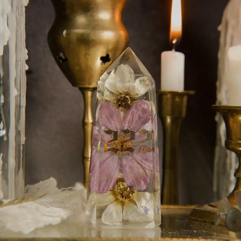 222 Angel Number Resin Floral Crystal Obelisk Handmade Epoxy with Dried Cosmo Flowers for Balance Harmony Unique Authentic Piece