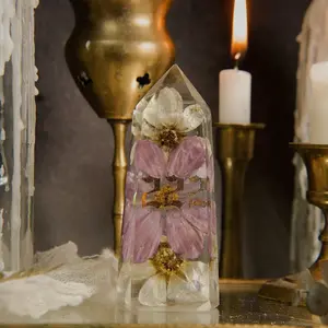 222 Angel Number Resin Floral Crystal Obelisk Handmade Epoxy with Dried Cosmo Flowers for Balance Harmony Unique Authentic Piece