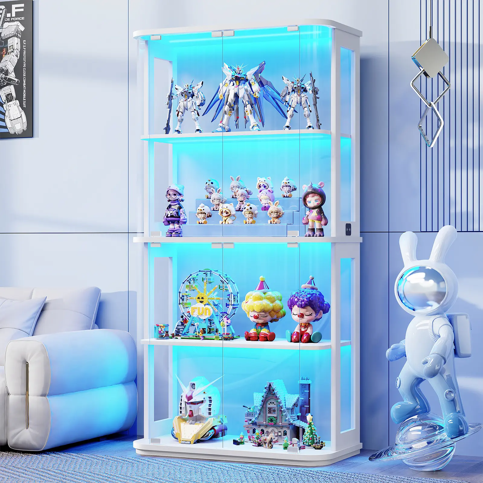 MIIFUNY 65" Rounded Display Cabinet with Glass Door, 4-Tier Curio Cabinet with Transparent Full-Display Surface, Glass Display Case with 3 Color Lights for Collectibles, Human Body Sensor, White