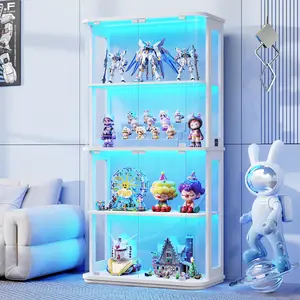 MIIFUNY 65" Rounded Display Cabinet with Glass Door, 4-Tier Curio Cabinet with Transparent Full-Display Surface, Glass Display Case with 3 Color Lights for Collectibles, Human Body Sensor, White