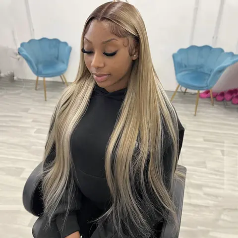 HANA HAIR Women's 13X4 Transparent Lace Front Human Hair Wig - Brown Root Ombre Ash Blonde Straight, 200% Density Pre-Plucked, Heat-Resistant Blend, 28-32 In, Ideal for Wedding, Party & Daily Use, Lace Front Wig Human Hair