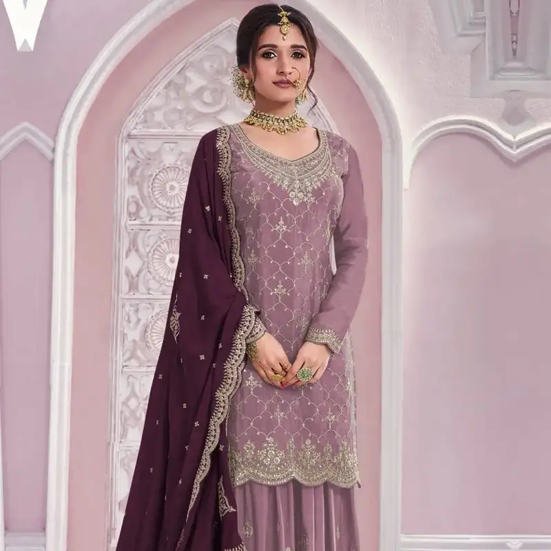 Mauve, 48-50 Big Size Chinon Embroidered Sequence Work Salwar Kameez Palazzo Suit