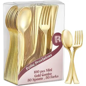 100 Combo Pack 50 Gold Mini Forks and 50 Gold Mini Spoons 4 Inch Heavy Duty Mini Cutlery for Tastings, Cocktails, Dessert Cups