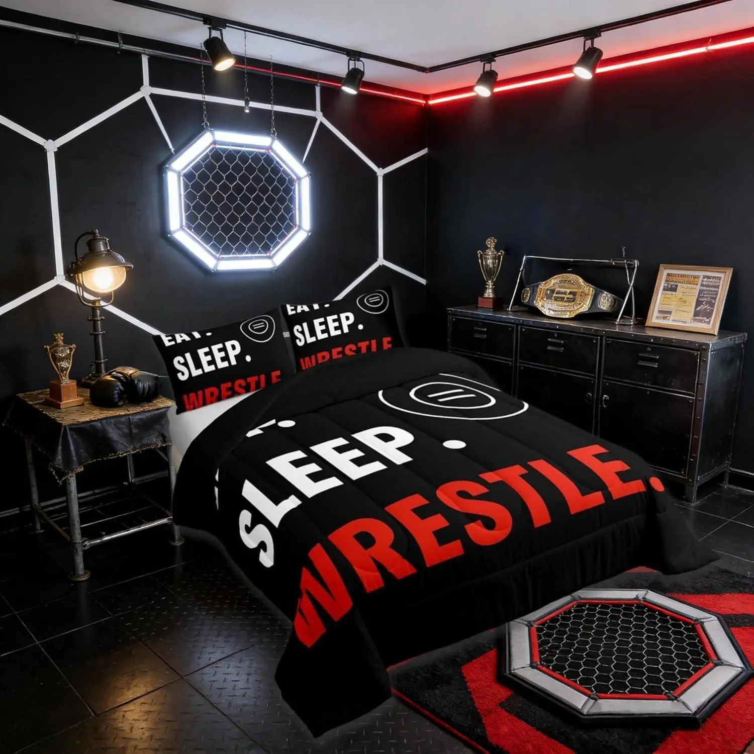 Feelyou Wrestling Themed Bedding Set - Breathable U-Stitch Quilted Duvet Set, Black and Red Eat Sleep Wrestle Design, Travel-Friendly for Boys, Multi-Size, Sports Theme for Bedroom, RV, Guest Room