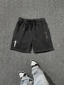 Men's Cross Print Wash Shorts, Loose Casual Fashion Graphic Shorts for Summer, Men's Bottoms for Daily Wear