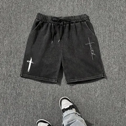 Men's Cross Print Washed Drawstring Waist Shorts, Loose Casual Graphic Summer Bottoms for Daily Wear