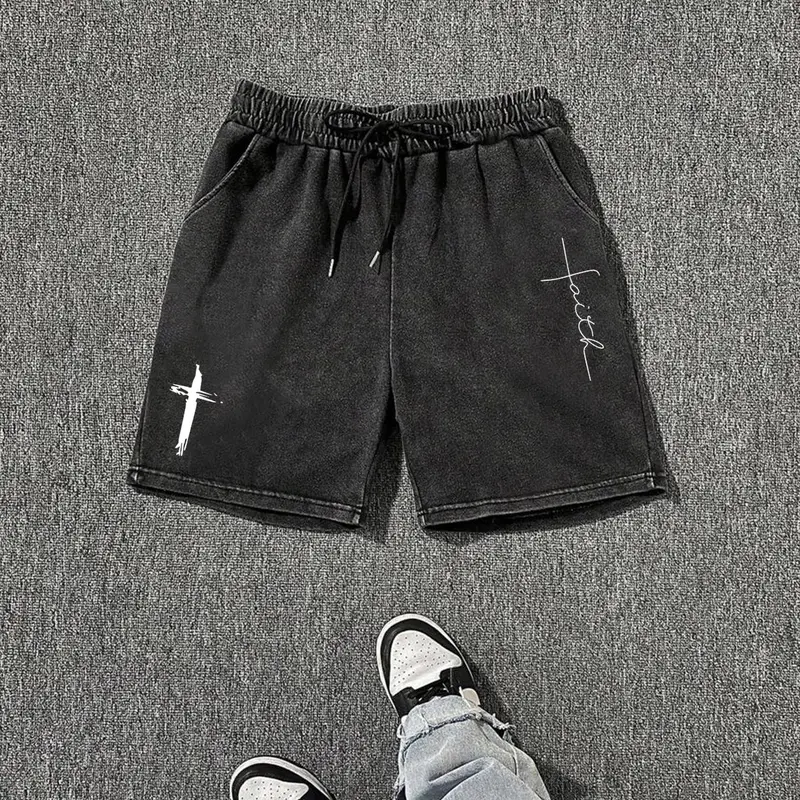 Men's Cross Print Washed Drawstring Waist Shorts, Loose Casual Graphic Summer Bottoms for Daily Wear