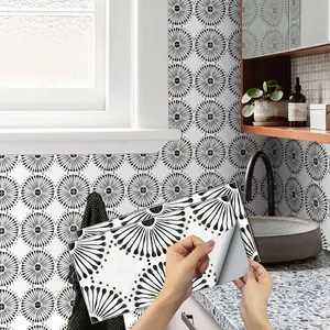 6/12/24/48 PCS FG PVC Crystal Tile Stickers Black & White Fan Burst Peel and Stick Backsplash Waterproof Oil-Proof for Kitchen Bathroom