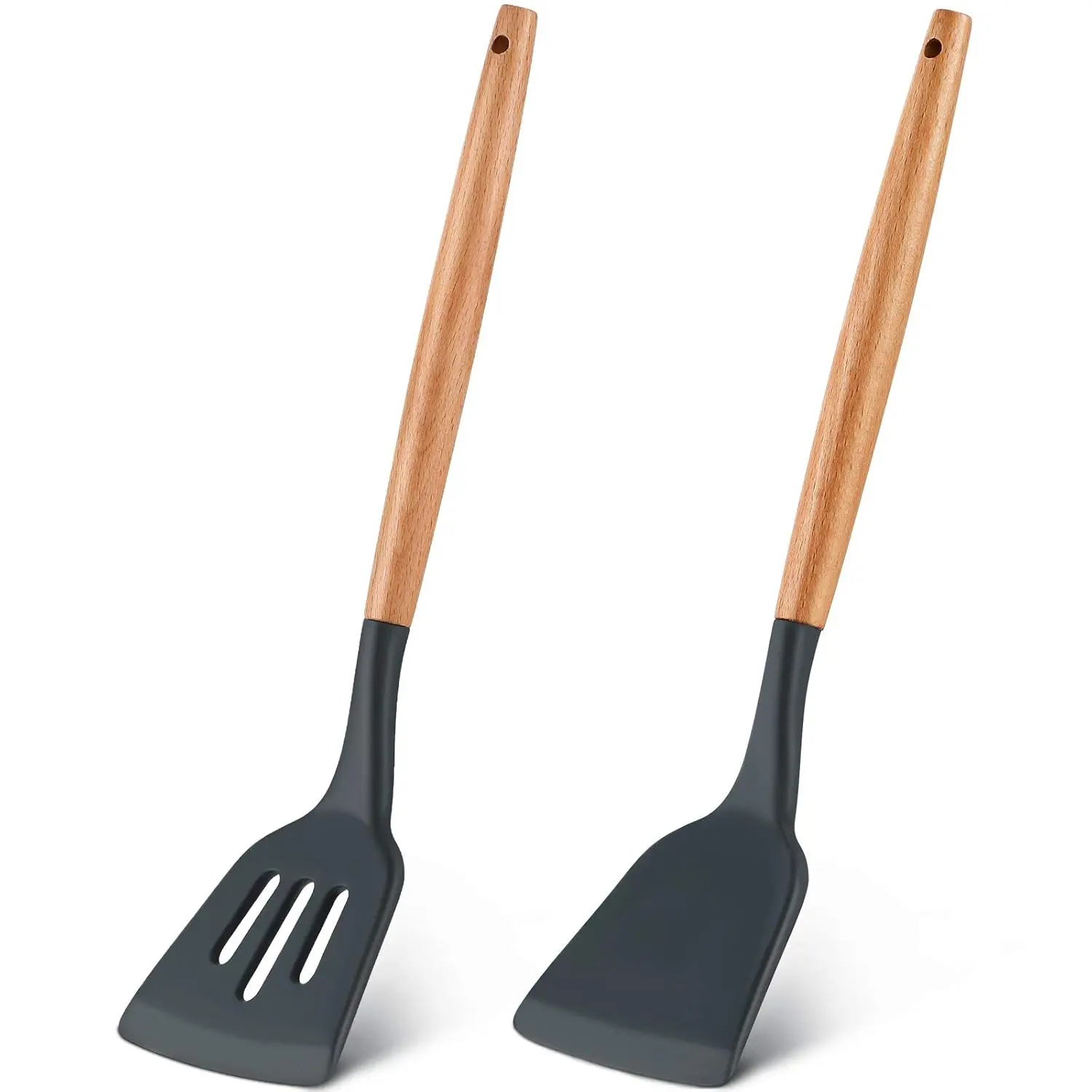 2 Pieces Silicone Slotted Turner Set, Silicone Turner Spatula With Wood Handle, Heat Resistant Kitchen Spatula Non-Stick Kitchen Utensil For Fish, Cookie, Eggs, Pancakes