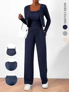 Spring Summer New Sportswear Casual Lazy Design Comfortable Jacket Tank Top Pants Three-Piece Set, Plain Pattern, Women's Fashion, Stretchy Suit Set