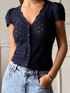 Indigo V-Neck Short Knit Cardigan, Vintage Lace Mesh Sleeveless Slim Fit Top, French Casual Chic Style Women's Summer Shirt, Knitwear, Fitted