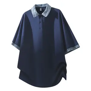 Men’s Faux Two-Piece Short-Sleeve Summer T-Shirt with Turn-Down Collar — Casual, Breathable, Patchwork Plaid Colorblock Design, Versatile Unisex Style