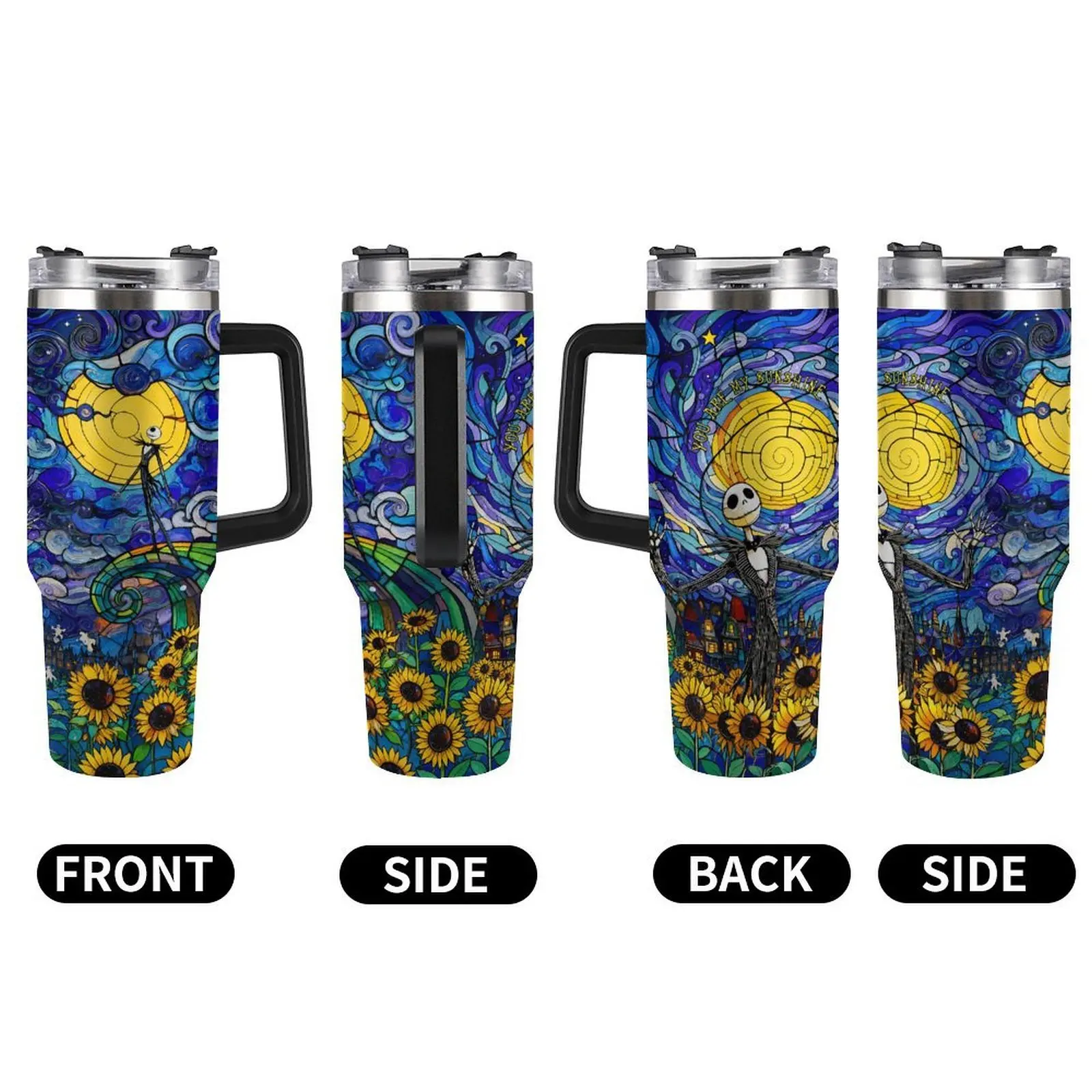 40oz Gothic Starry Night Sunflower Skeleton Insulated Tumbler, Stainless Steel Coffee Cup For Movie Fans