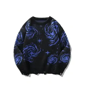 Unisex Galaxy Pattern Drop Shoulder Sweater, Casual Mens and Womens Crew Neck Long Sleeve, Sytlish, Knitwear, Graphic, Streetwear