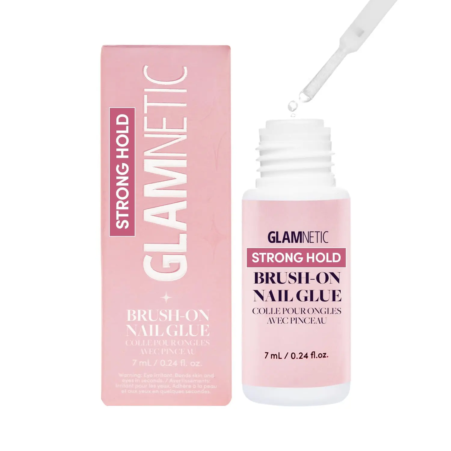 Glamnetic Super Strong Brush On Nail Glue, .24 fl oz, features a mess-free brush tip applicator for easy, precise application. Vegan, travel-friendly, durable, and long-lasting, it provides a strong hold for press-on and fake nails.