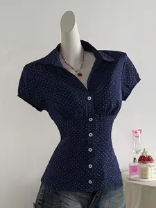Elamini Polka Dot Print Lapel Collar Fitted Short Sleeve Blouse For Women