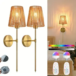 2 Farmhouse Rattan Wall Lamps Bohemian Wall Lamp Stand With Remote Control And LED Bulbs USB (No Wiring) For Christmas Thanksgiving Holiday Decor Bedrooms Living Rooms And Hallways Sconces Festive Touch Temporary Setups Usb Rechargeable Usb Charging lamp