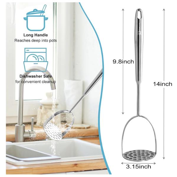 Potato Masher Stainless Steel - Mashed Potato Masher Kitchen Utensil，Potato Smasher For Potatoes, Bean, Vegetable & Fruits，Pet Food, Heavy Duty Metal Avocados Smasher Tool, Dishwasher Safe, 14 Inch