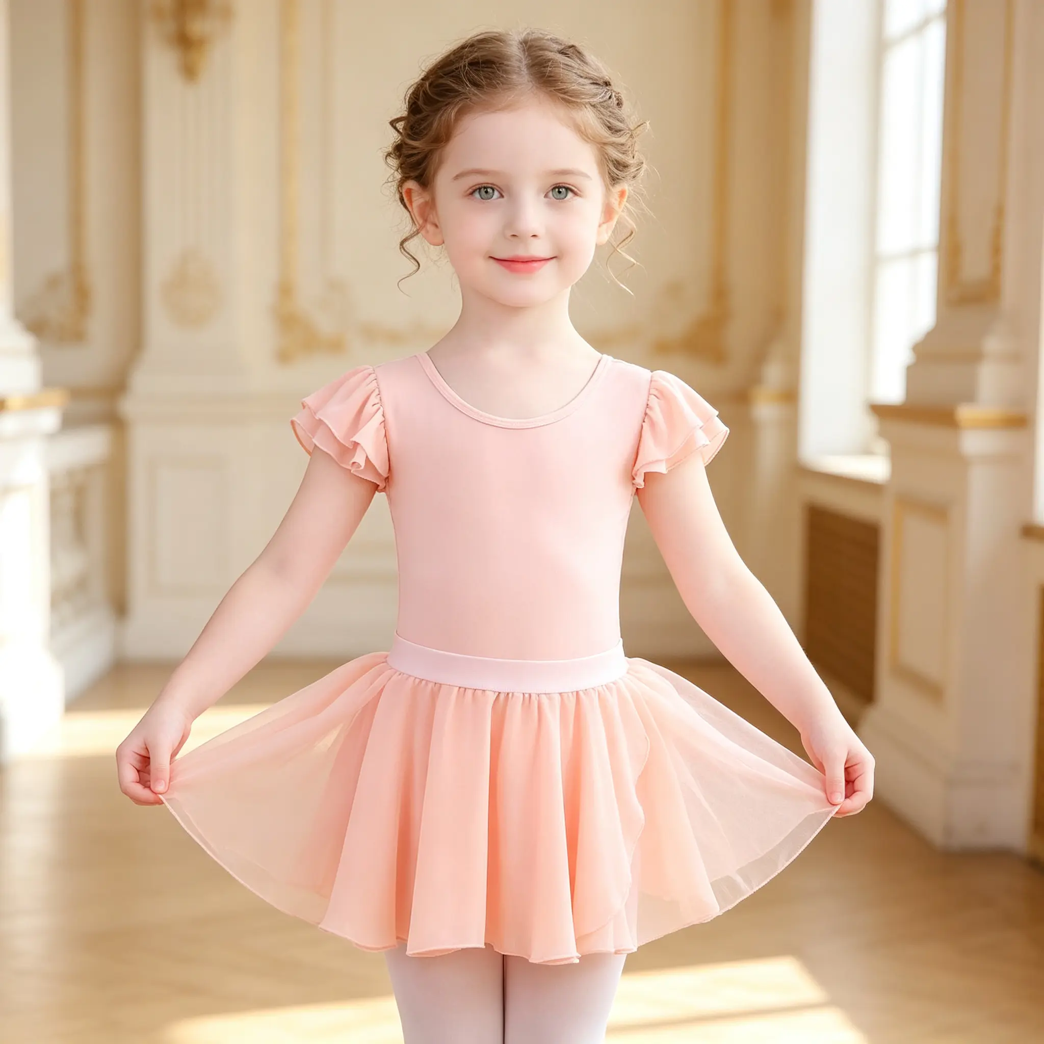 Little Princess Dance Outfit, Girls Flutter Short‑Sleeve Ballet Leotard With Tulle Skirt, Peach Pink Soft Dance Costume for Ages 3‑12, for Ballet Class, Stage Performance, Party & Daily Dance Practice
