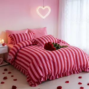 Striped Print Ruffled Soft Bedding Set, Includes 1 Duvet Cover + 2 Pillowcases, Inserts Not Included Stylish Cozy Bedding for Couple Bedroom, Ideal Valentine's Day Gift